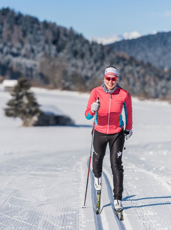 A female cross-country skier