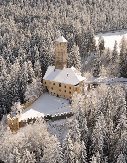 Welsperg Castle in winter seen from above