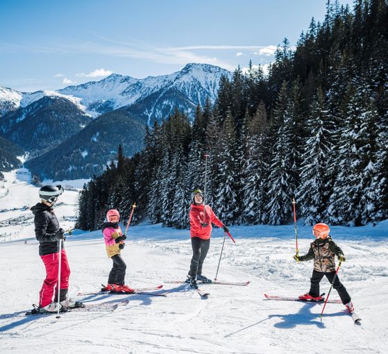 Eine Familie auf Skiern