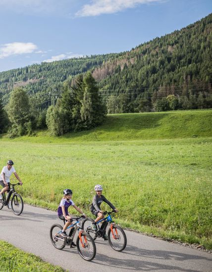Una famiglia fa un giro in bici
