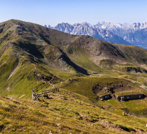 Mountain ridge with historic military bunkers in the alpine landscape of the Casies Valley.